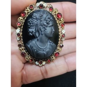 Vintage Black Glass Cameo Red Rhinestones Signed Czechoslovakia RARE